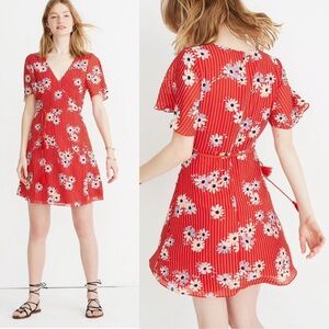 NEW Madewell Button-Wrap Dress in Daisy Society Red Floral Pint Stripes